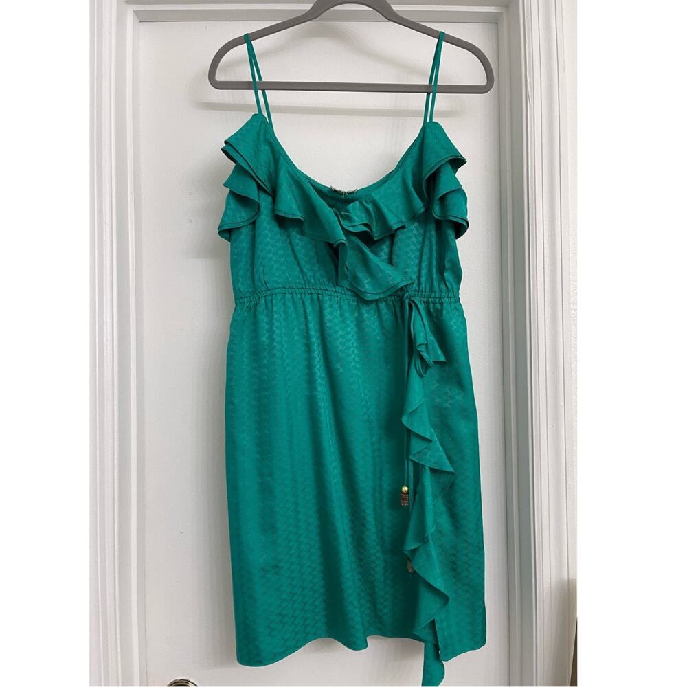 Milly 100% Silk Ruffle Mini Dress Wedding Guest Fairy Romantic Teal Green Fits M